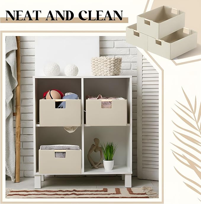 3 Pack Fabric Storage Bins for Closet Shelves, Rectangle Wardrobe Organizer with Handle, Collapsible Shelves Storage Basket for Sorting Clothes and Toy (Beige,15 x 10.6 x 6 Inch)