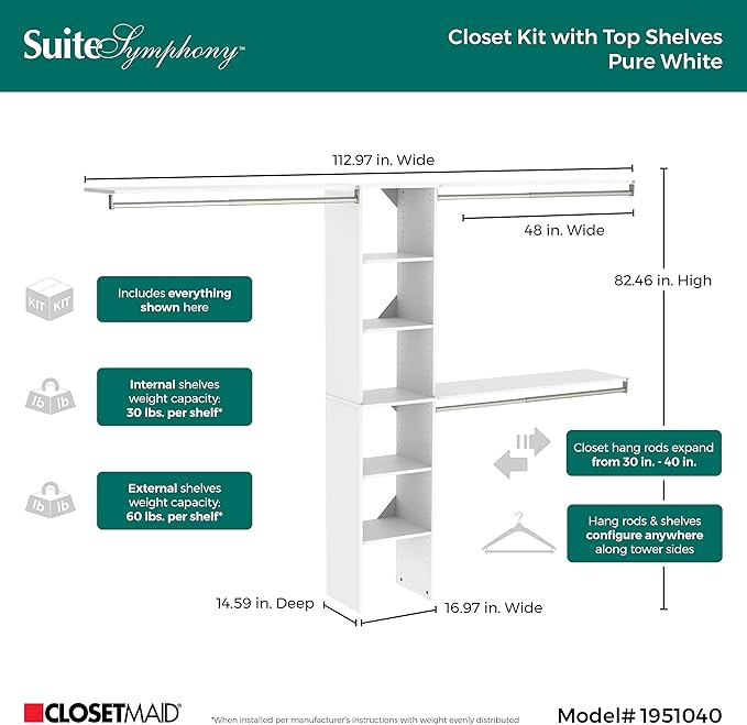 ClosetMaid SuiteSymphony Wood Closet Organizer Kit with Tower, 3 Hang Rods, Top Shelves, Adjustable, Fits Spaces 5 - 9 ft. Wide, Pure White