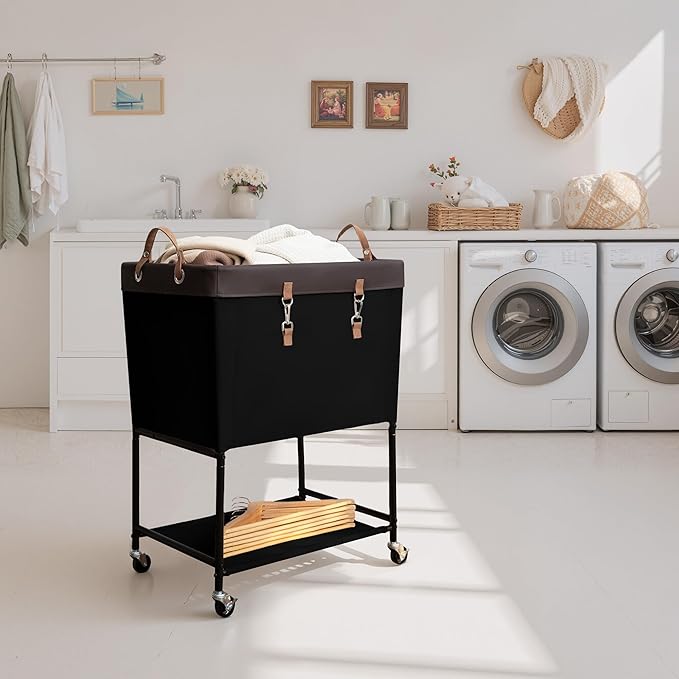 StorageWorks Laundry Cart, 2 Tier Rolling Laundry Basket, Heavy Duty Laundry Basket with Lockable Wheels, Laundry Room Organization and Storage, Clothes Hamper for Bedroom, Dorm, Closet, 29Gal, Black