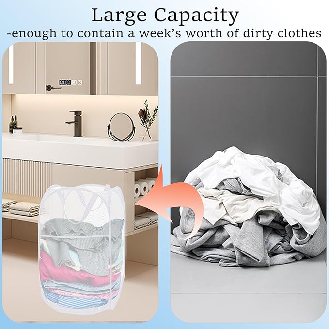 2 Pack Mesh Pop Up Laundry Baskets, Collapsible Laundry Hampers, Foldable Clothes Basket Storage Bins with Handles & Side Pocket for Cruise, Travel, Laundry Room, Dorm, Home (White)