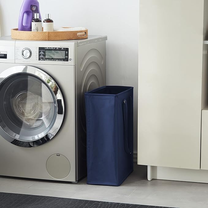 TECHMILLY Slim Laundry Hamper with Adjustable Long Handles, 45L Small Laundry Baskets with Mesh Top, Narrow Dirty Clothes Hamper for Bedroom, Closet, and Bathroom - Navy