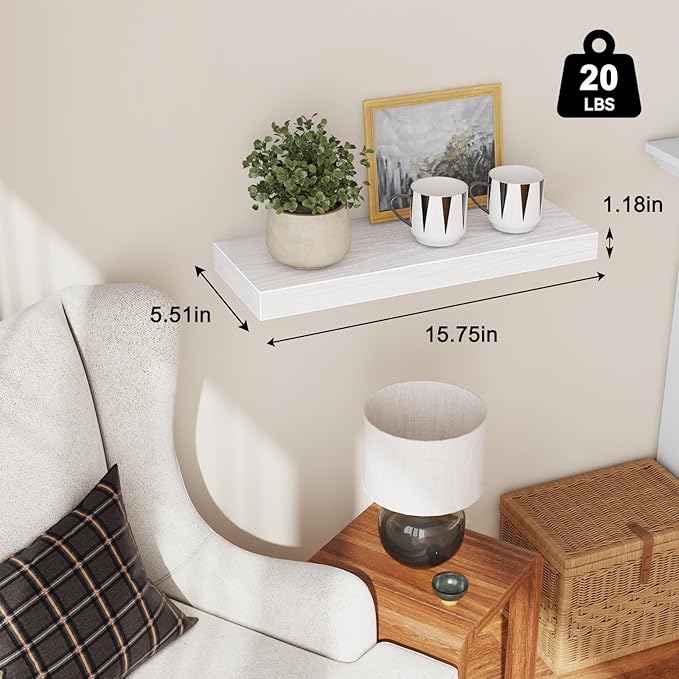 Fixwal Floating Shelves for Wall, 15.7" Wood Wall Mounted Shelves for Living Room, Bedroom, Bathroom and Kitchen, for Storage, Books, Room Decor (White, Set of 2)