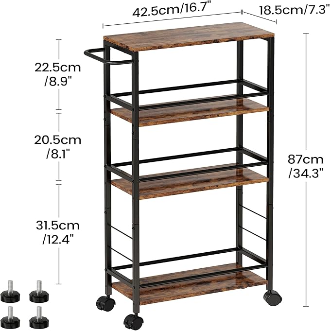 Narrow Storage Cart with Wheels, 4-Tier Narrow Kitchen Carts Slim Rolling Cart, Skinny Storage Cart, Snack Cart Slim Laundry Carts with Handle for Livingroom, Diningroom, Office（Rustic Brown, Black）