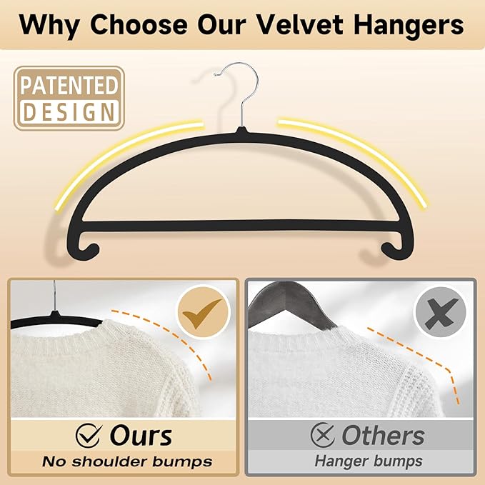 MIZGI 50 Pack Black Velvet Hangers - No Shoulder Bumps, Heavy Duty Non-Slip Chrome Hooks for Jackets, Coats, Pants