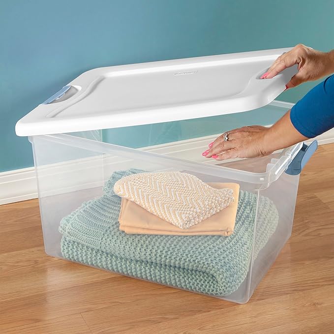 Sterilite 24-Pack Latching Box, Under Bed Storage Bins with Lids, Clear Plastic, 64 Quart - Heavy-Duty Organizing Containers for Closet, Bathroom, and Office
