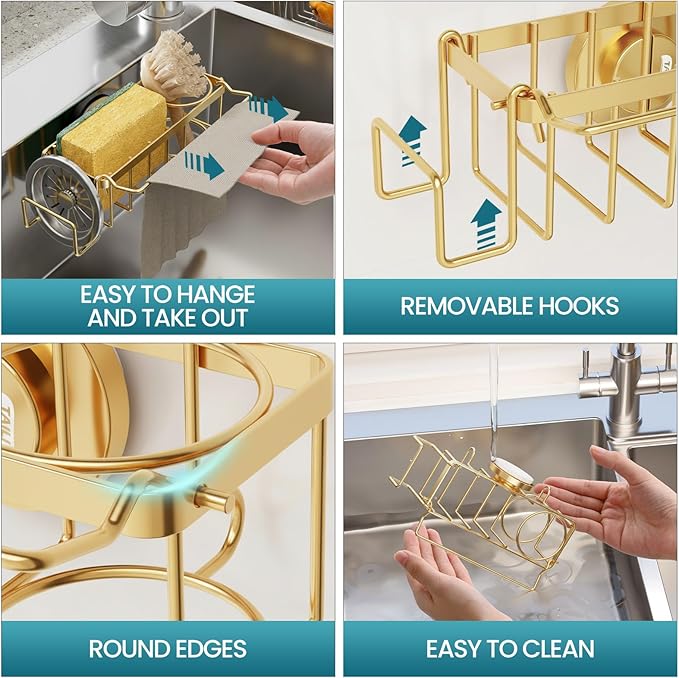 TAILI 4-in-1 Sponge Holder for Kitchen Sink with Strong Suction Cup Removable, Rustproof Stainless Steel Sink Caddy for Sponge, Brush, Scrubber, Scraper -Gold