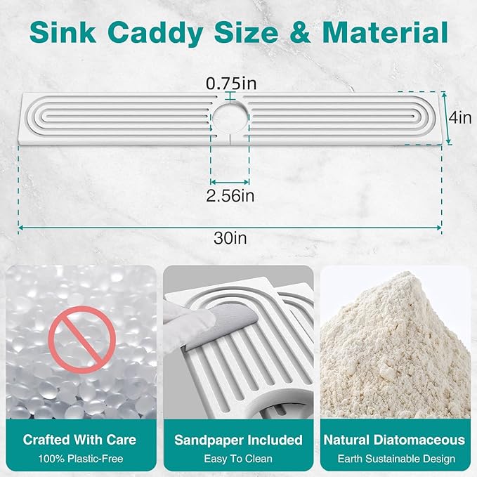DK177 Faucet Mat for Kitchen Sink - Water Absorbing Stone Tray for Sink, Diatomite Fast-Drying Faucet Mat, Faucet Splash Guard for Bathroom Counter (White, 30" x 4")