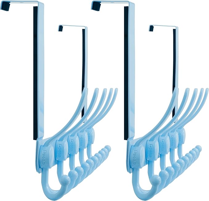 Dseap Over Door Hook 2.0 - Upgraded Version - Simple-Assembly, Strong, Heavy-Duty Stainless Steel 5-Tri-Hook Over The Door Hanger Rack, SimpleStrong Series, Blue, Pack of 2