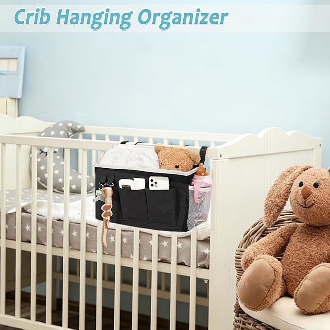 Loghot Bedside Caddy/Bedside Storage Bag Hanging Organizer for Bunk and Hospital Beds,Dorm Rooms Bed Rails,Can be Placed Glasses,Books,Mobile Phones,Keys (2pc Black)