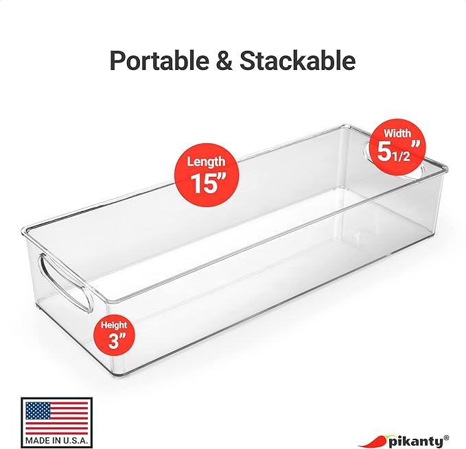 Pikanty - 15-Inch Refrigerator Organizer Bin with Handles - Clear Plastic Storage for Fridge, Pantry, or Countertop - Dishwasher Safe - Made in the USA