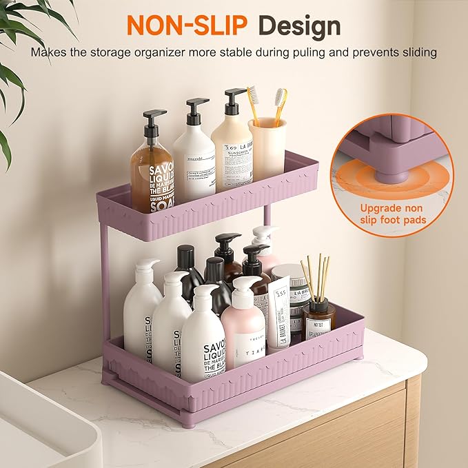 3 Pack Multi-Purpose Under Sink Organizers and Storage, 2026 L-Shaped Pull Out Cabinet Organizer for Bathroom & Kitchen, Under Cabinet Organizer with Hooks Hanging Cup, Pink, 14.85 inch
