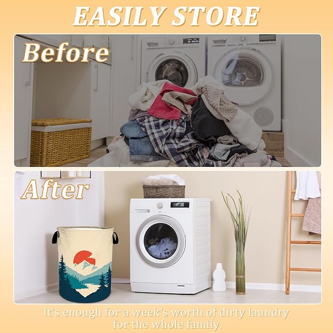 Mountains Sunset Laundry Basket, Nature Scenery Forest Laundry Hamper Foldable Waterproof Tote Bag Dirty Clothes Storage Bucket Toy Organizer for Bathroom/Laundry/Bedroom 15.7"x19.6"