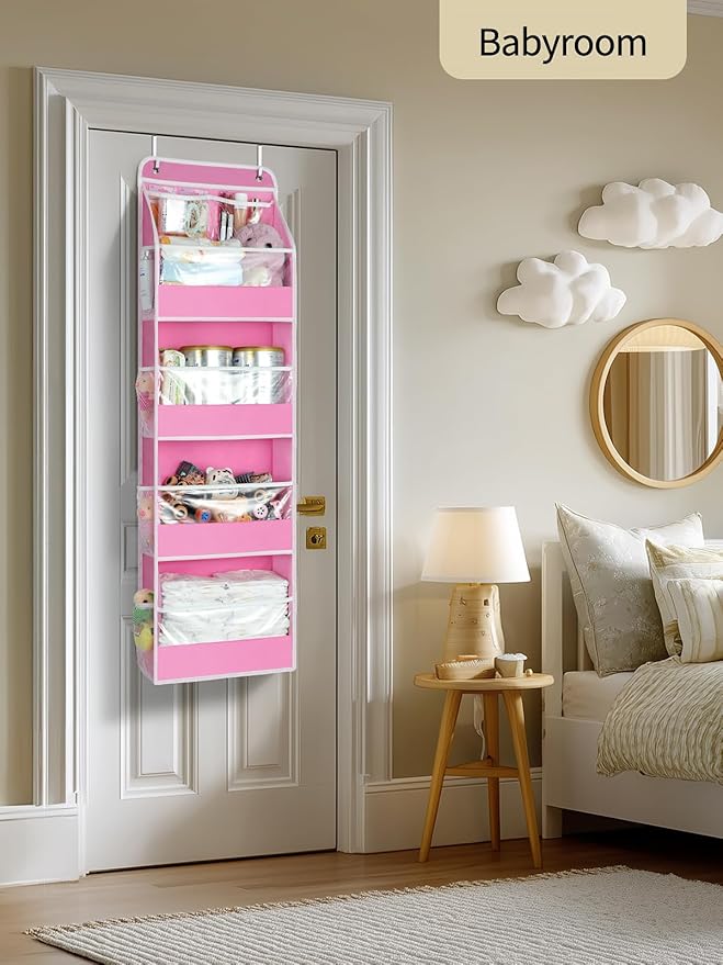 Yecaye 5 Tier Over the Door Organizer, Swing-proof Door Organizer Hanging with Clear PVC Windows, Behind the Door Storage for Bedroom Nursery Closet Laundry Pantry Bathroom, Bubblegum Pink
