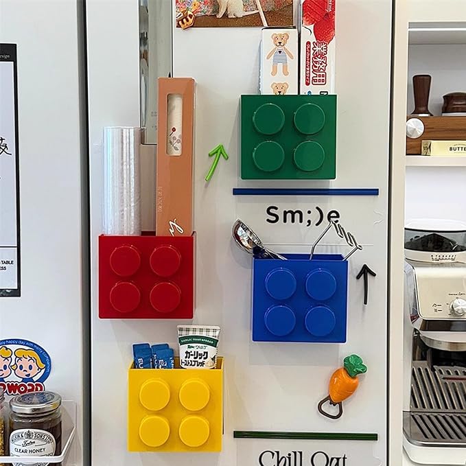 Magnetic Basket Organizer for Fridge - Lego-Style ABS Plastic Storage Box,No Drill Design for Kitchen Counter, Microwave & Whiteboard, Holds Up to 3.5 lbs (Green)