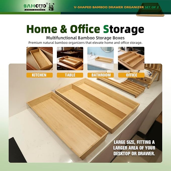 V-Shaped 2-Pack 19.6" Long Bamboo Drawer Organizer Box - Easy Reach Kitchen Utensil Flatware Silverware Cooking Tools Storage for Home Bedroom Bathroom (19.6"x12.4"/19.6"x7.8")