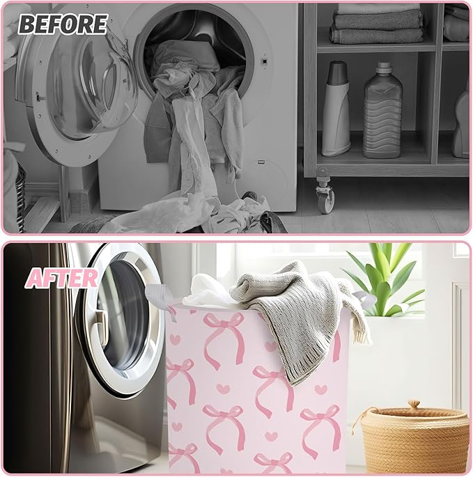 Laundry Basket Coquette Pink Bow Laundry Hamper Foldable Fabric Storage Bin with Handles Clothes Storage Bucket for Bathroom Girl Bedroom Dorm Toy Organizer