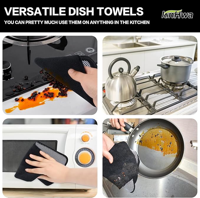 KinHwa Kitchen Washcloths for Dishes Absorbent Microfiber Dish Cloths Quick Dry Dish Rags with Poly Scour Scrub Side Ideal for Kitchen Cleaning (Black, 12inchx12inch 18 Pack)