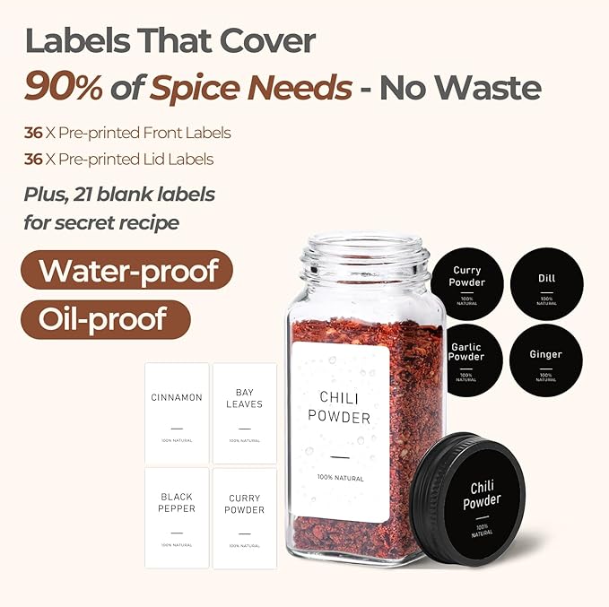 ComSaf Glass Spice Jars with Label, 24Pcs 4oz, 93 Labels, a Metal Funnel, Extra Shaker Lids, Empty Spice Containers and Square Spice Bottles for Kitchen and Seasoning