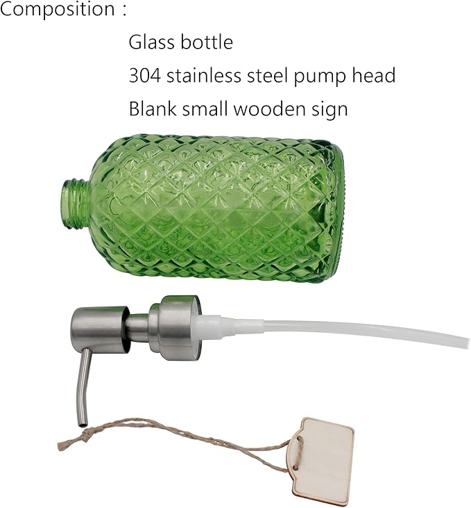 16 oz Diamond Pattern Glass Soap Dispenser, Kitchen and Bathroom Refillable Soap Dispenser with Rust Resistant Stainless Steel Pump for Hand Soap, Lotion Glass Liquid Dispenser(Green-2pack)