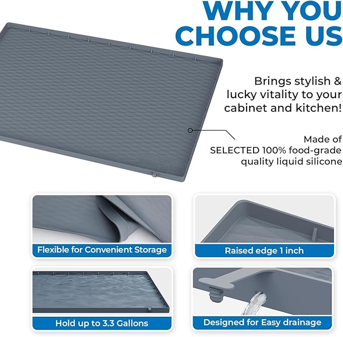 Heavy Duty Under Sink Mat for Kitchen Waterproof 34" x 22" Silicone Under Sink Tray with Raised Edges for Kitchen & Bathroom - Kitchen Cabinet Organizers and Storage Sink Drip Tray