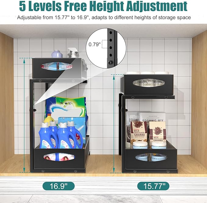 Housolution 1 Pack Under Sink Organizer, 2 Tier Metal Pull Out Under Sink Storage with Sliding Mesh Drawers, Height Adjustable Slide Out Under Sink Organizer for Kitchen Bathroom Cabinet, Black