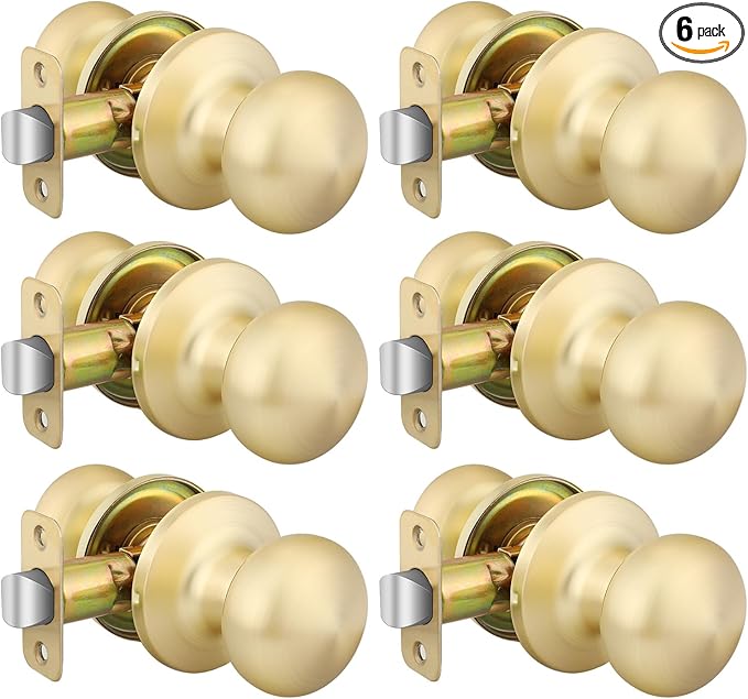 Goldenwarm Gold Closet Door Knobs, Passage Door Knobs, Brushed Gold Door knob Without Lock for Hallway, Closet(6 Pack)