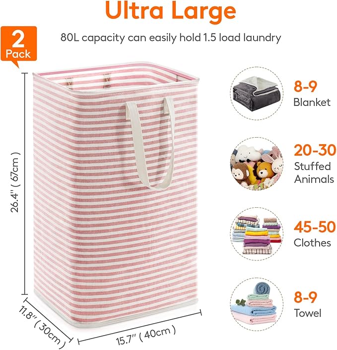 Lifewit 2 Pack Laundry Hamper Large Collapsible Laundry Baskets, Freestanding Waterproof Clothes Hamper with Easy Carry Handles in Laundry Room Bedroom Bathroom College Dorm, Grey&Pink, 2 x 80L