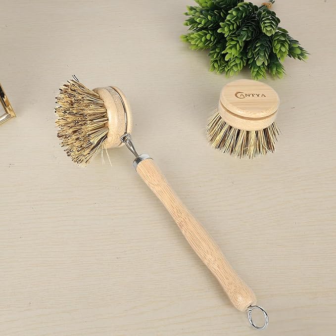 Bamboo Dish Scrubber with Handle - Hard Bristle, Natural Dish Brush, Sustainable & Biodegradable, Kitchen Scrub Brush for Dishes, Iron Pots, Baking Trays, Barbecue Grills