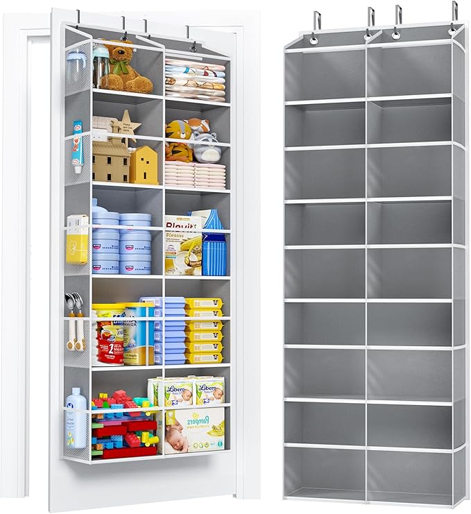 PureSpace 5-Tier Over The Door Organizer with 10 Side Mesh Pockets & Clear Windows, 80 lbs Weight Capacity Hanging Storage for Bathroom, Bedroom, Nursery, Kitchen, Organize Shoes, Diapers(Clear Grey)
