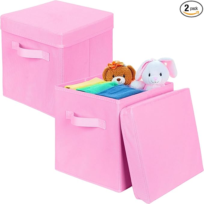 ShellKingdom Storage Bins, Foldable Fabric Storage Cubes with Lid, Clothes Storage Organizer Drawer For Closet Toys Storage, 10.5 X 10.5 X 11 INCH, 2 Pack (Pink)