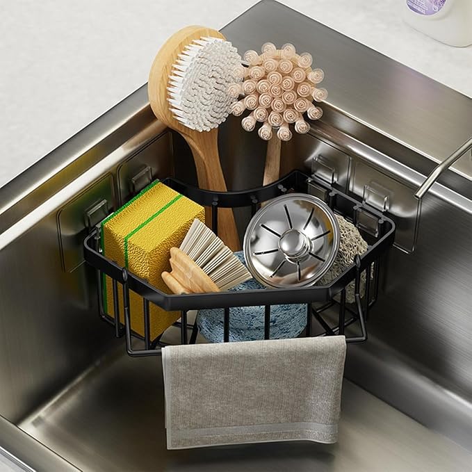 Corner Sink Sponge Drying Rack with Towel Bar, Black Stainless Steel, Multipurpose Kitchen Organizer, Self-Adhesive Installation