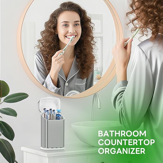 GFWARE Toothbrush Holders with Cover - 5 Slots Tooth Brush Holder for Bathroom, Detachable Bathroom Counter Organizer with Drainage Kids Toothbrush and Toothpaste Holde, Silver