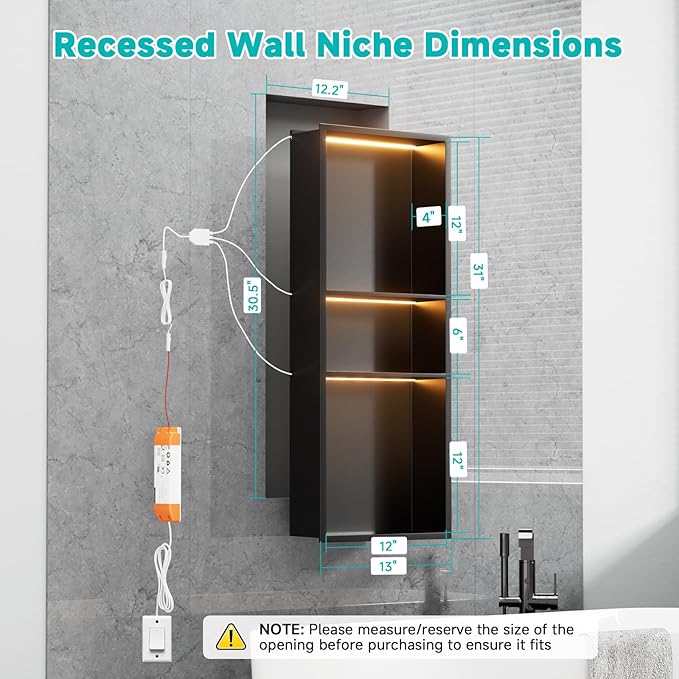 TSIBOMU Black Stainless Steel Shower Niche with LED Lights 12" x 30" – Recessed Shower Shelf with 3-Tier Storage, Waterproof & Rustproof Bathroom Wall Niche