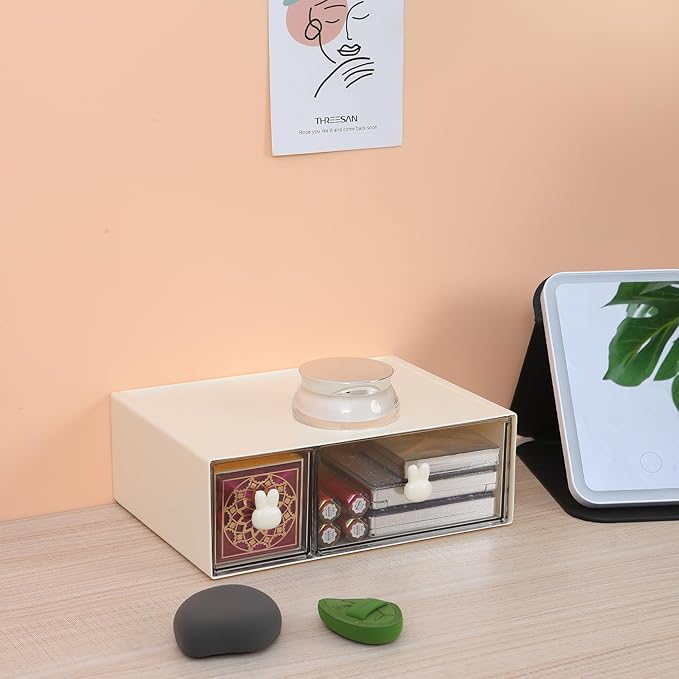 Desktop Storage Drawers, Plastic Desk Organizer with 2 Drawers, Modular Stackable Toolbox Units for Office Stationary, Makeup Container, Bathroom Countertop (1 Tall Layer, Cream & Clear)