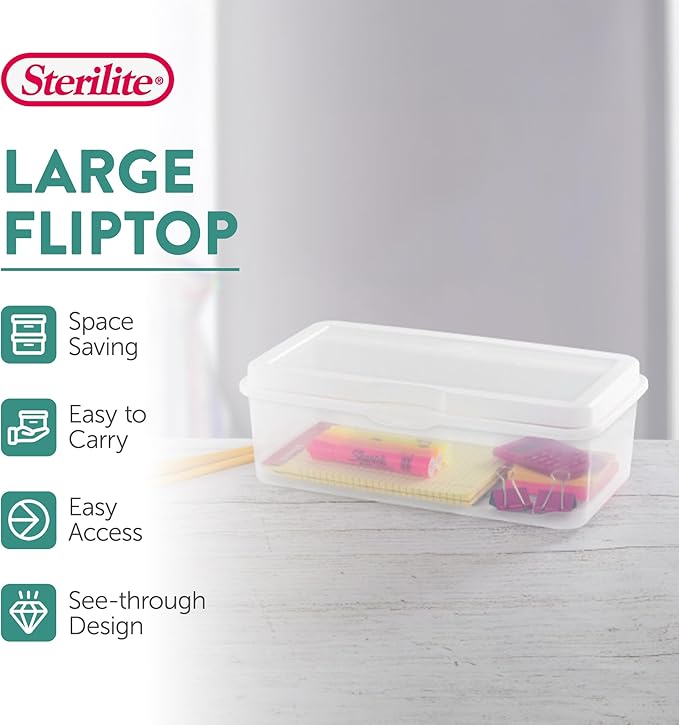 Sterilite 24-Pack Rectangular Large FlipTop, Clear Plastic Storage Box with Hinged Lid - Stackable Multipurpose Organizer for Art and Craft Supplies, Accessories, Photos & CDs, Home or Office Use