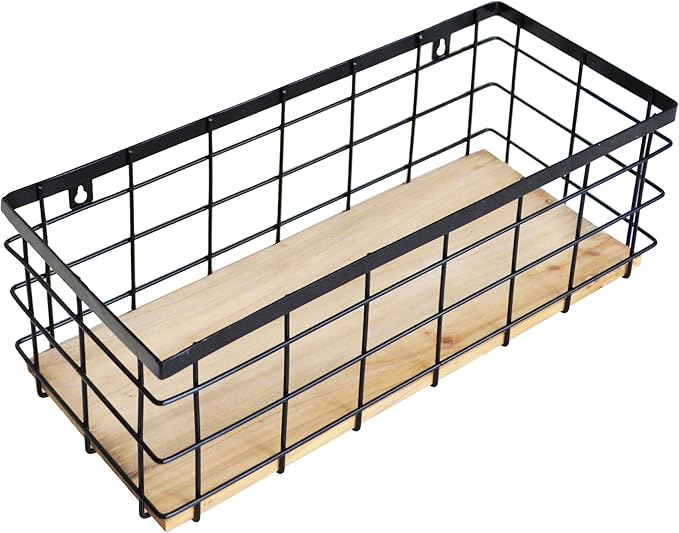Metal Wire Basket Detachable Wood Base Storage Organizer Farmhouse Hanging Basket for Kitchen Cabinets, Bathroom, Pantry, Laundry Room,1 Pack in Black Color,Size Big