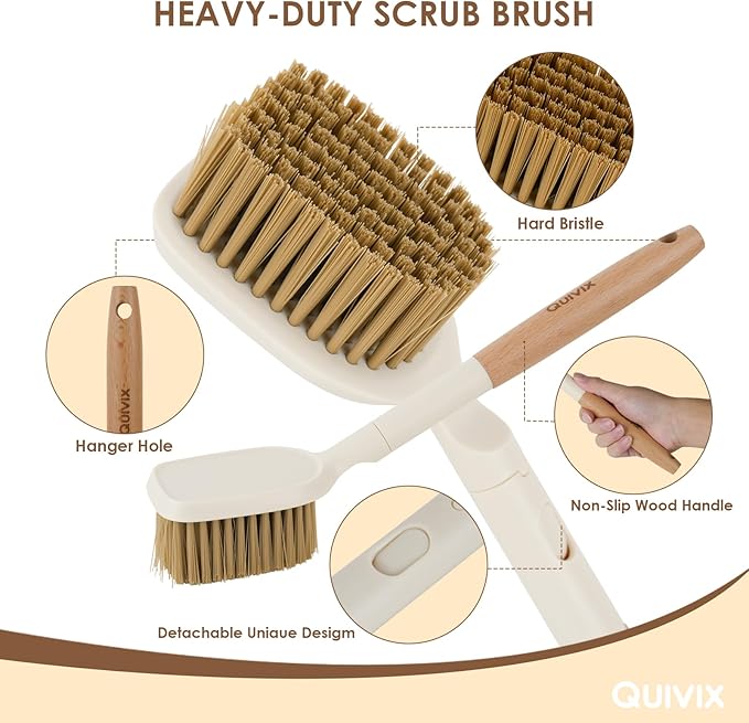 3 Pack Hard Bristle Scrub Brush Set with Long Wooden Handle, 2-in-1 Heavy-Duty Scrubbing Brushes with Scraper Strip, Glass Shower Squeegee, Cleaning Brush for Bathroom, Shower, Floor, Bathtub, Walls