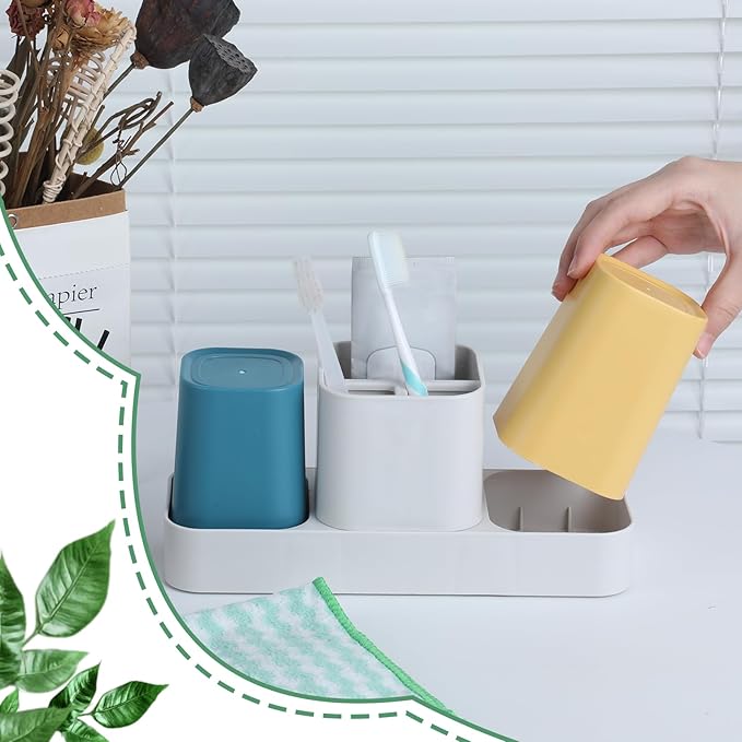 2 Set of Toothbrush Holder for Bathroom, Bathroom Organizer Storage Set with 2 Cups, Electric Toothbrush Toothpaste Holder and Bathroom Accessories Storage, Orange + Green and Blue + Yellow