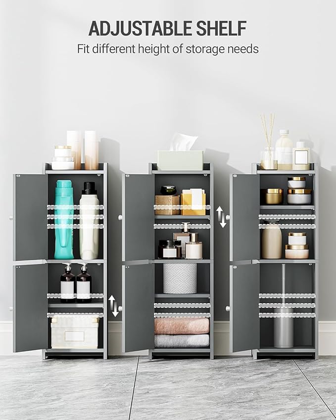 Bathroom Storage Cabinet, Small Corner Floor Cabinet with 2 Doors and Adjustable Shelf, Narrow Toilet Paper Cabinets, Bathroom Organizer for Small Spaces, 7.9" D x 9.8" W x 29.5" H Gray