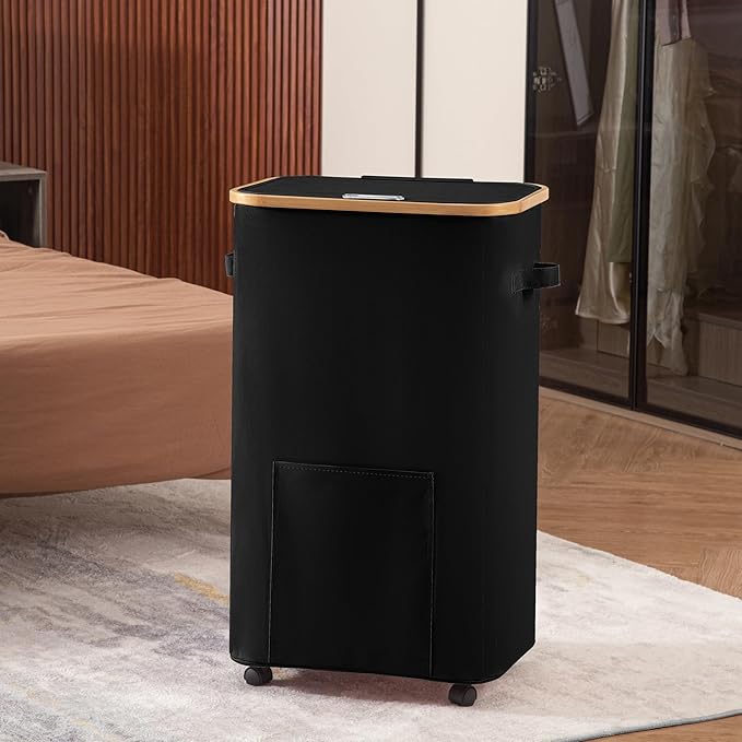 Laundry Basket with Wheels, Tall Dirty Clothes Hamper on Wheels, Rolling Laundry Hamper with lid for Dorm, Bedroom and Bathroom (Black, 100L)