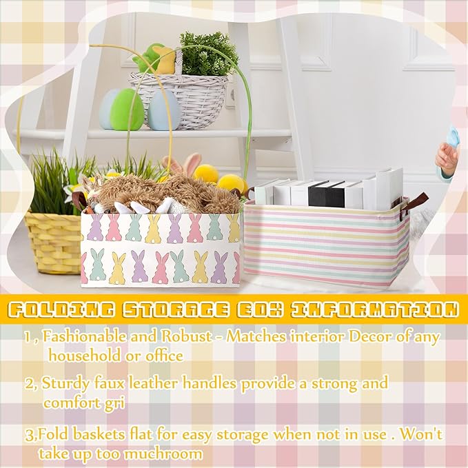 Boao 3 Pcs Easter Storage Bin Rectangular Bunny Basket Box with Handle Collapsible Large Storage Baskets Foldable Rabbit Box for Easter Party Decoration