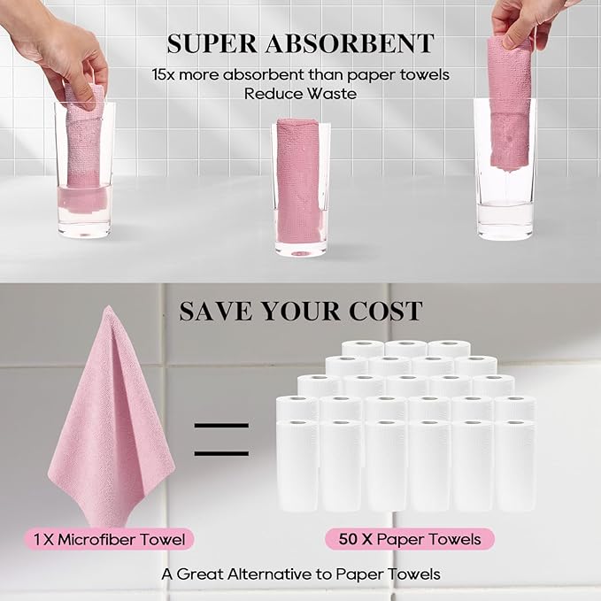 Honova Microfiber Cleaning Cloth Roll-90 Pack, Tear Away Towels，Paper Towel Alternative, 12" x 12"，Reusable, Washable, Scratch Free, Highly Absorbent Dish Rags for Car, Home, Garage or Shop(Pink&Grey)