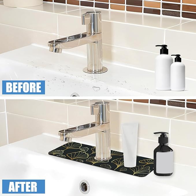 Sink Faucet Absorbing Mat Ginkgo Leaves Sink Splash Guard Drying Mat for Kitchen Bathroom Faucet Sinkmat 15.5"X5.5"