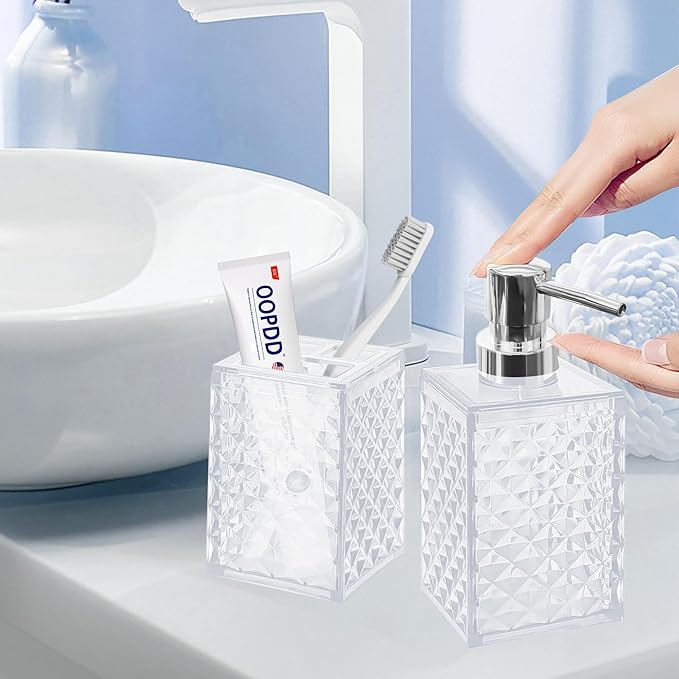 2PCS White Bathroom Accessories. Contain Soap Dispenser and Toothbrush Holder Set. Boho Bathroom Set for Blue Bathroom Décor