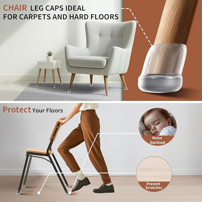 Ezprotekt 24 Pcs Chair Leg Floor Protectors, Chair Leg Caps, Silicone Protectors Covers for Hardwood Floors & Carpet, Pet Dust & Hair Proof Chair Pads - for Dining Table Chair, Clear L Fit (0.87"-1")