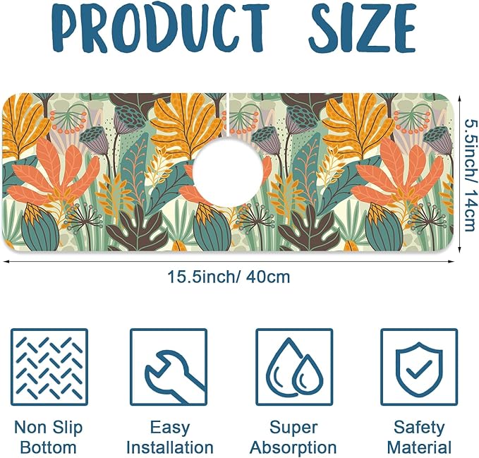 Abstract Leaves Sink Faucet Absorbing Mat Boho Leaves Super Absorbent Fast Drying Mat Sink Gadgets Behind Faucet Sinkmat for Kitchen Bathroom, 15.5"x5.5"