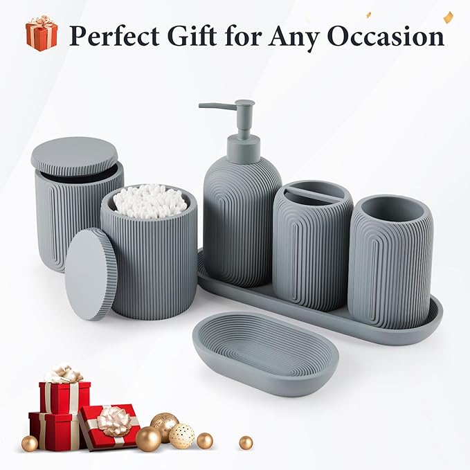 Bathroom Accessories Set - 7-Piece Resin Bathroom Set, Toothbrush Holders Set, Soap Dispenser, Qtip Holder Dispenser, Tumbler, Soap Dish & Tray, Modern Bath Decor for Home Dorm Hotel (Grey)