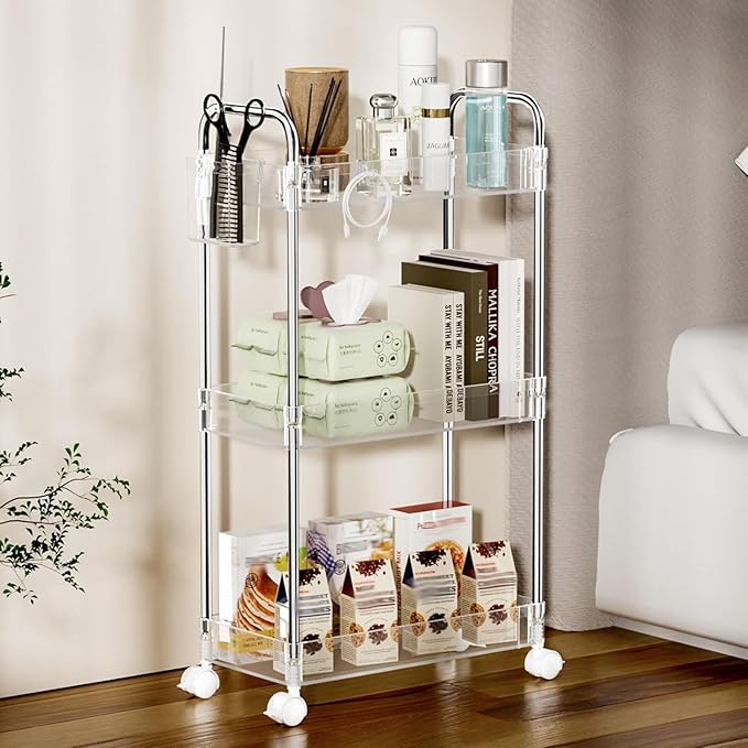 SPACEKEEPER 3 Tier Acrylic Storage Rolling Cart Clear Bathroom Cart Organizer, Transparency Laundry Room Organization Mobile Shelving Unit Multifunction Rolling Utility Cart for Office Living Room