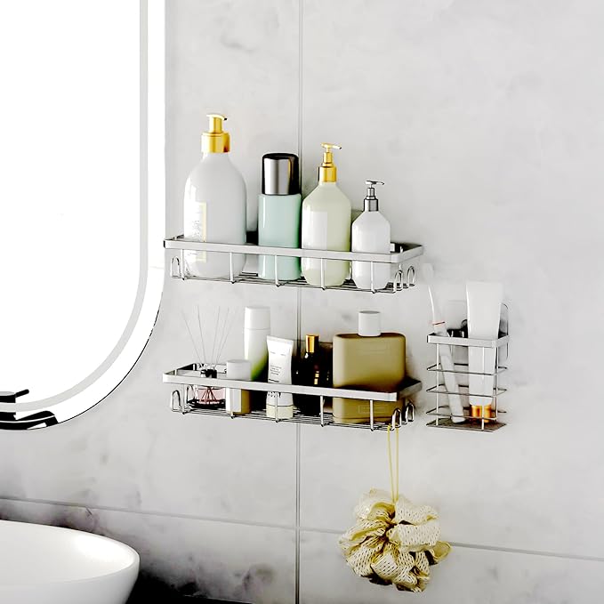 Uninol Shower Caddy Organizer with Hooks,Self Adhesive Bathroom Shelves,Shower Shelves,No Drilling Bathroom Organizers and Storage,Perfect for RV, Apartment, Home Decor,Silvery 3PK