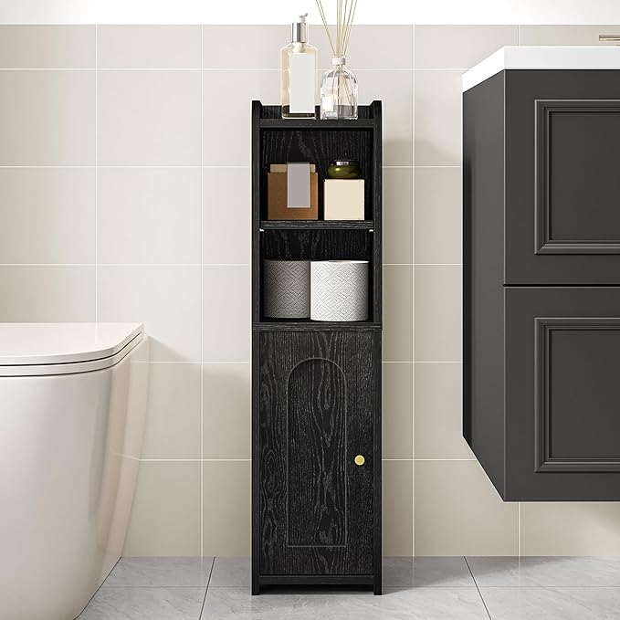 Bathroom Storage Cabinet, Corner Floor Cabinet with Doors and Adjustable Shelf, Narrow Toilet Paper Cabinets, Bathroom Organizer for Small Spaces, Black, BC19704X